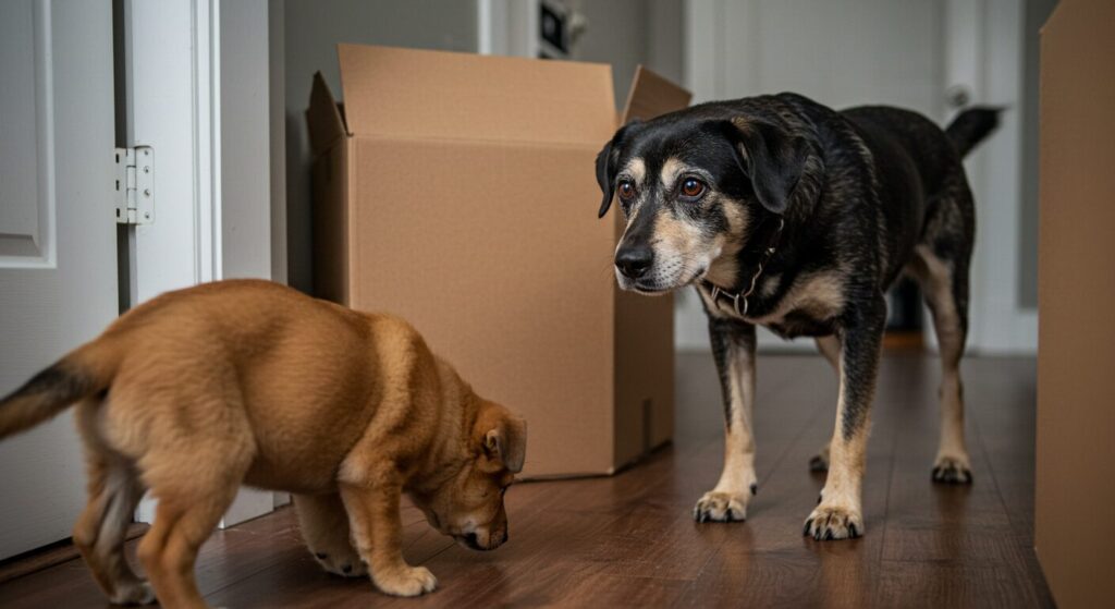 Dog Run Away from the New Puppy