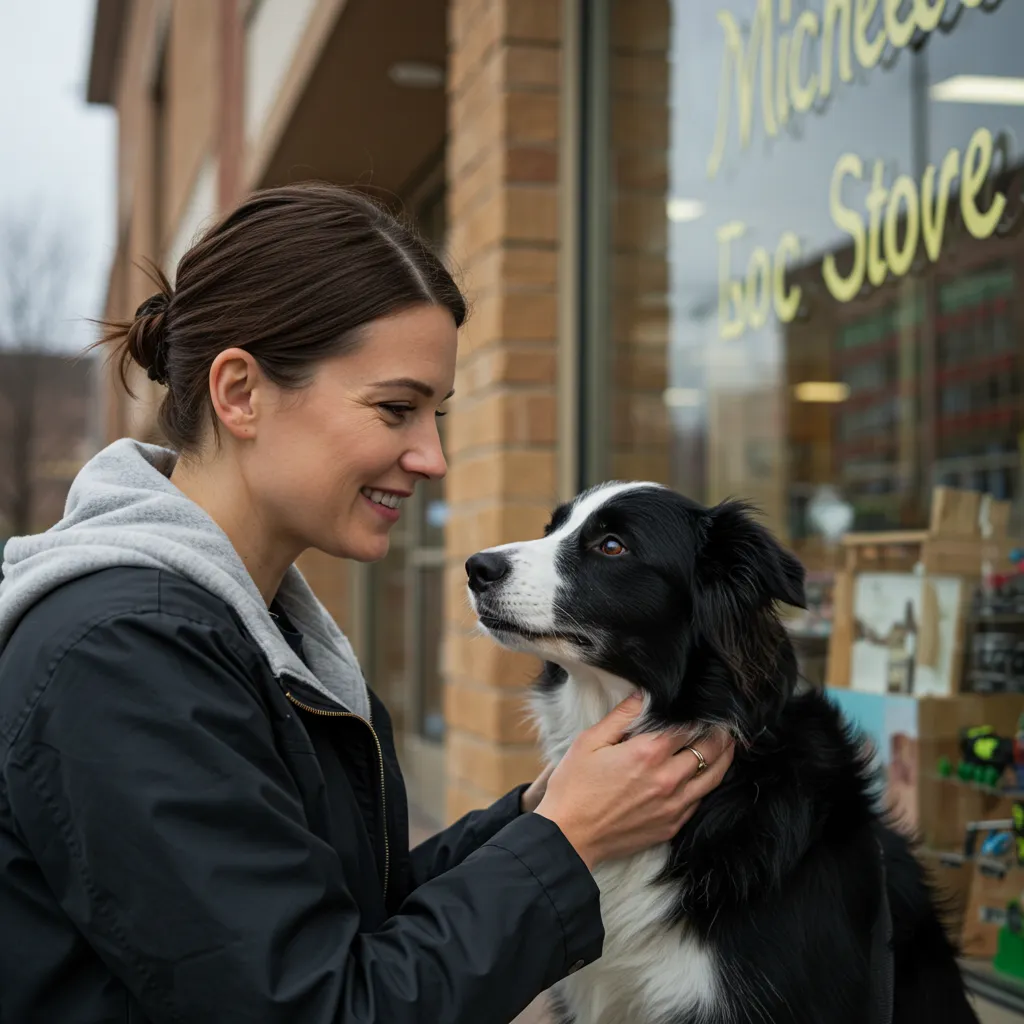 Well-behaved dog shopping during busy hours