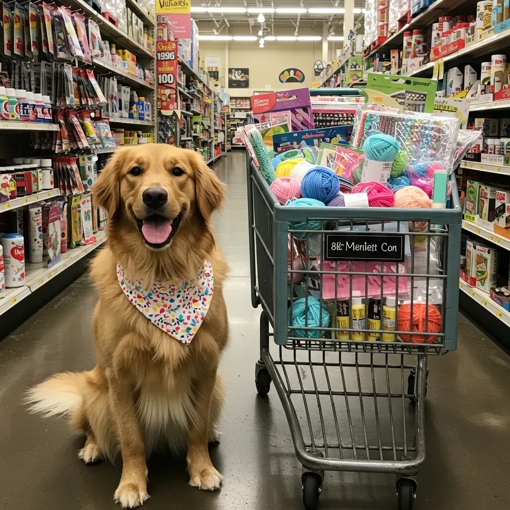  Golden retriever with bandana sitting calmly in Michaels craft store
